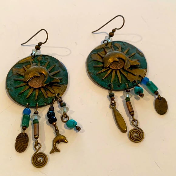 Vintage Blue and Green Copper Dolphin Dangle Earrings - Picture 1 of 3